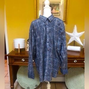 Inserch Icon Mens Navy Blue Leaf Print Long Sleeve Button Down Flip Cuff Shirt
